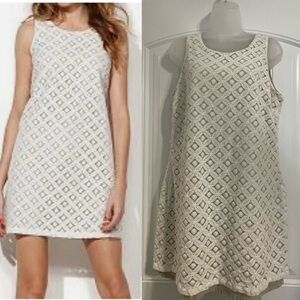 APT 9 Women’s Shift Dress Large White Cotton Crochet Lace Nude Overlay Coastal